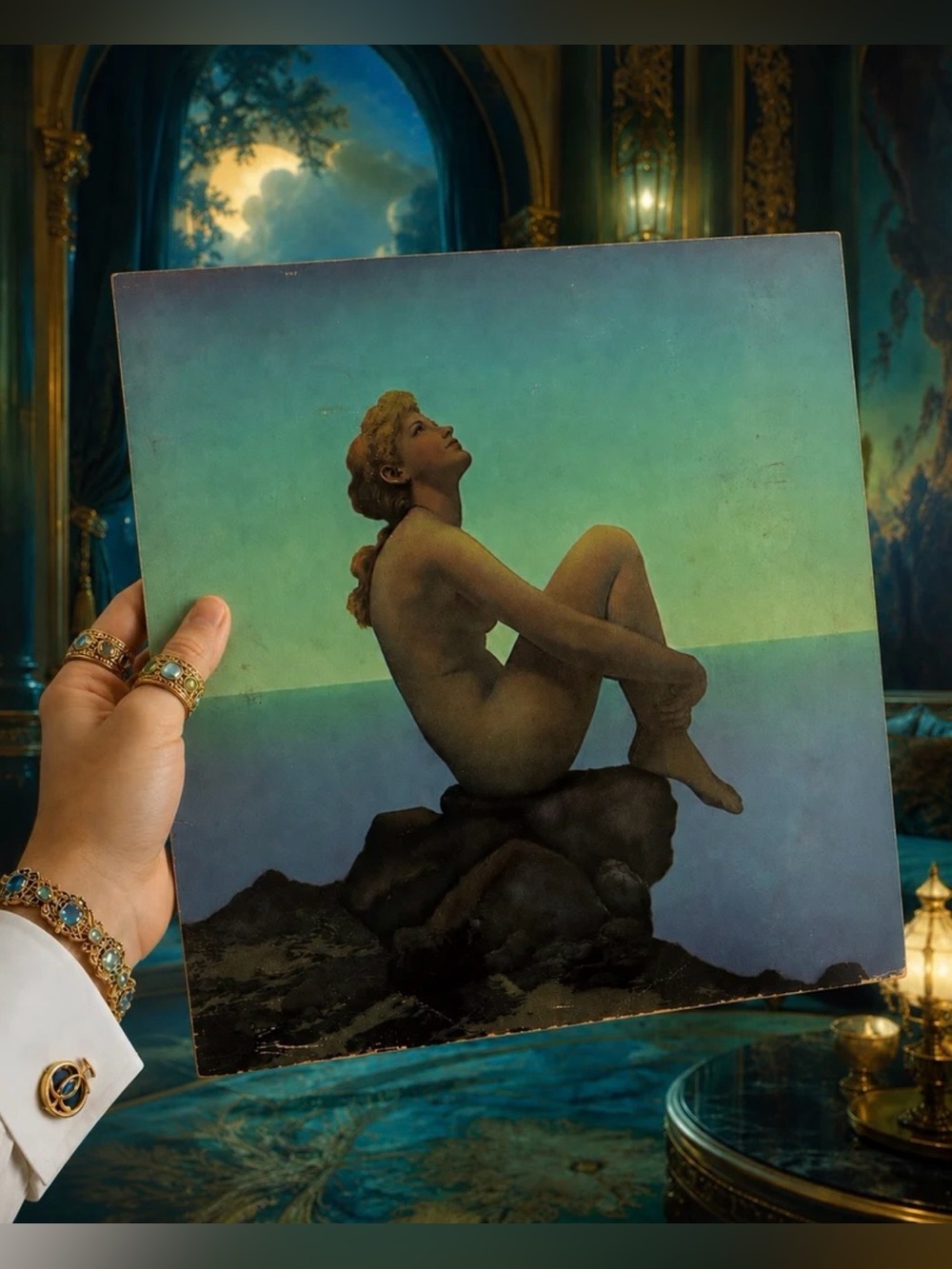 STARS Original Vintage PRINT ON BOARD Maxfield Parrish Art Deco Nouveau Artist